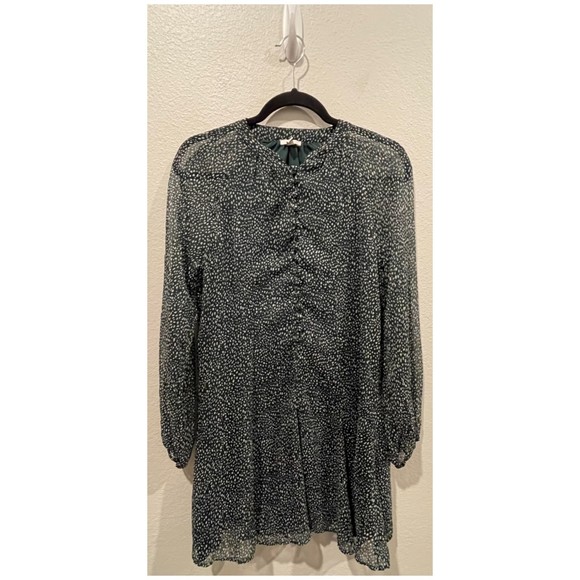 JOIE Green White Dots Long Sleeve Sheer Buttons Down Mini Dress - Picture 1 of 4